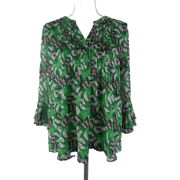 Charter Club Blouse Tunic size Small Green Pink Butterflies Modest Career Casual - Picture 1 of 8